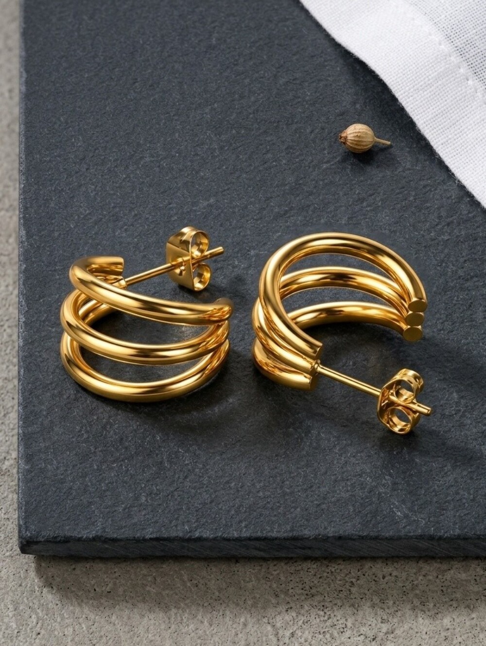 18K Gold Plated Triple Hoop Earrings Stacked Illusion Stainless Steel Split Stud